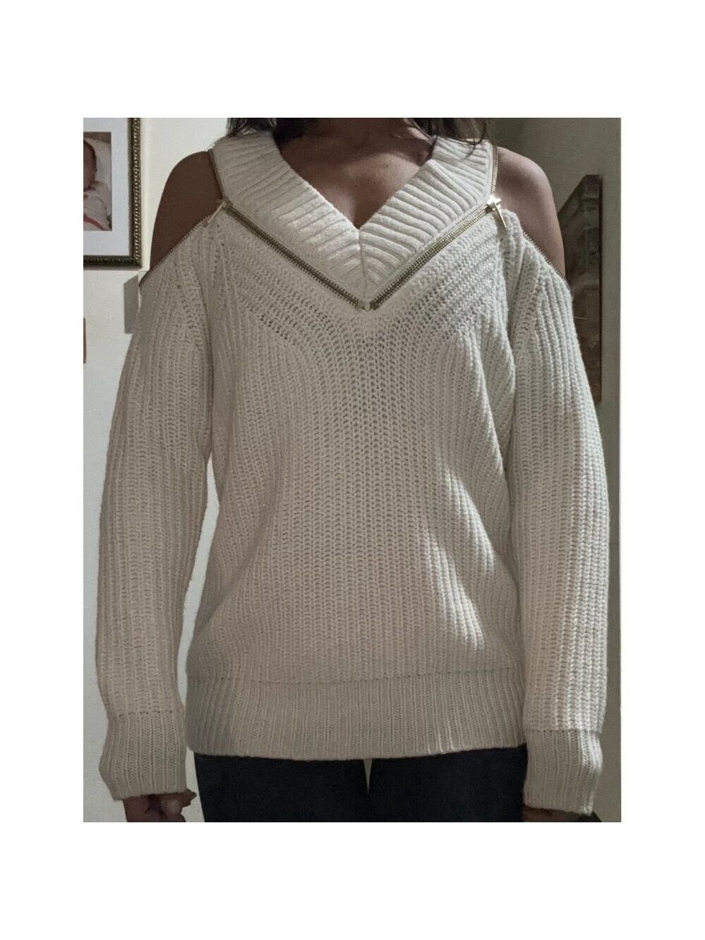 MICHAEL KORS Sweater Women's Size S white Zip Accent Cold Shoulder Knit Top - Picture 2 of 5